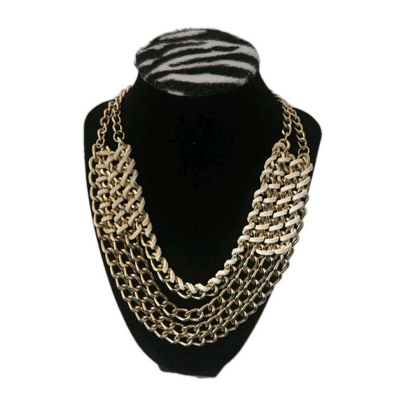 Mika Gold-tone & Leather Multi-layered Gold-tone Chain Statement Necklace 18-21" - Picture 1 of 8